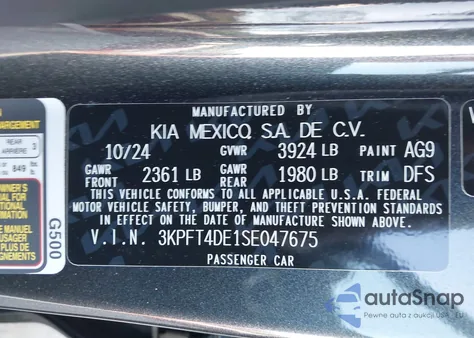 2025 Kia K4 Lxs z USA, uszkodzony, nr VIN 3KPFT4DE1SE047675